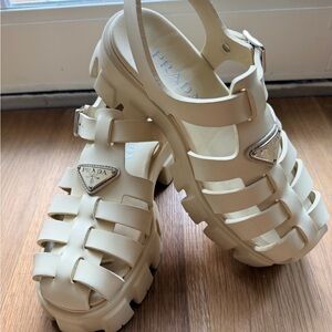 Prada Monolith Rubber Platform Sandals with Logo Plaque